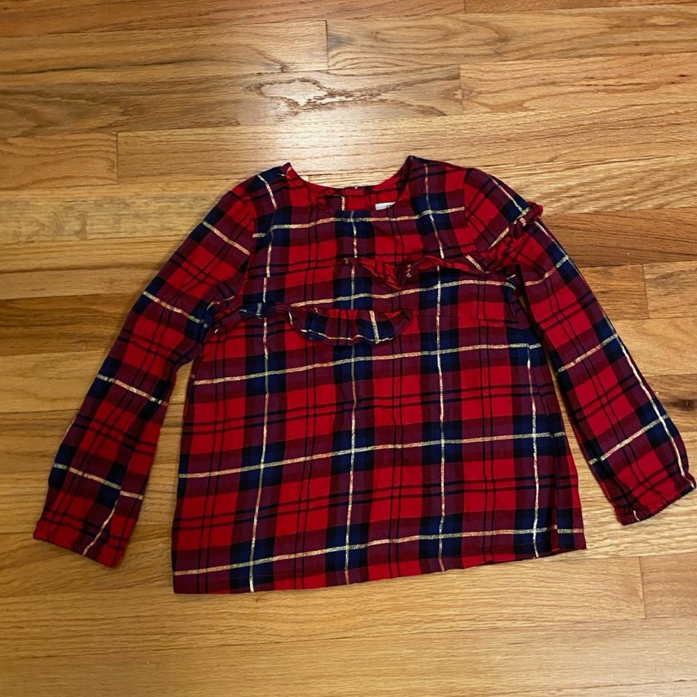 Navy/Red/Gold Plaid Ruffle Shirt Size 5 Never Worn